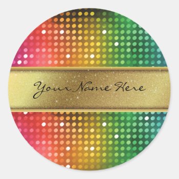 Funky Disco Lights With Gold Glitter Name Stripe Classic Round Sticker by suchicandi at Zazzle