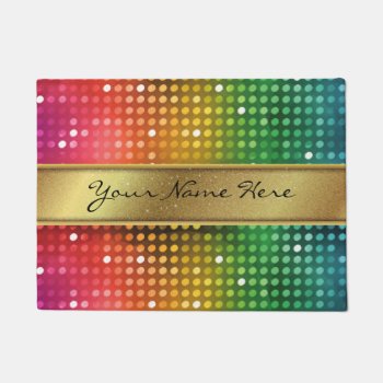 Funky Disco Lights With Gold Glitter Name Stripe Doormat by suchicandi at Zazzle
