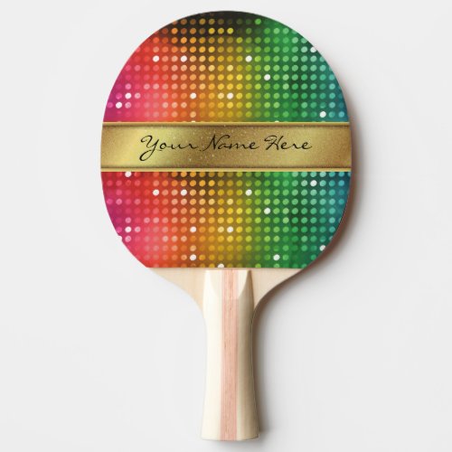 Funky Disco Lights with Gold Glitter Name Stripe Ping Pong Paddle