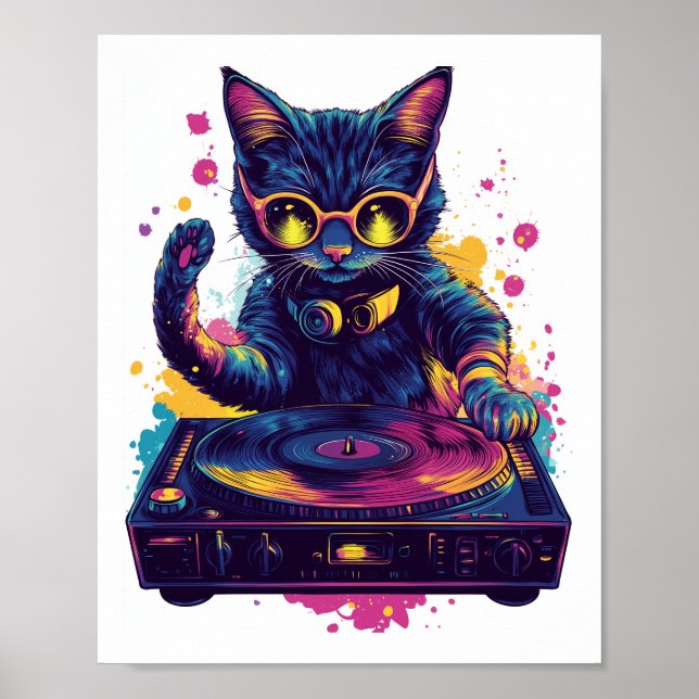 Funky DJ Cat � Retro Disco Kitty Party Poster (Front)