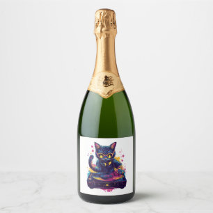 Funky DJ Cat – Retro Disco Kitty Party Sparkling Wine Label