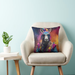 Funky Donkey Blue Glasses Throw Pillow