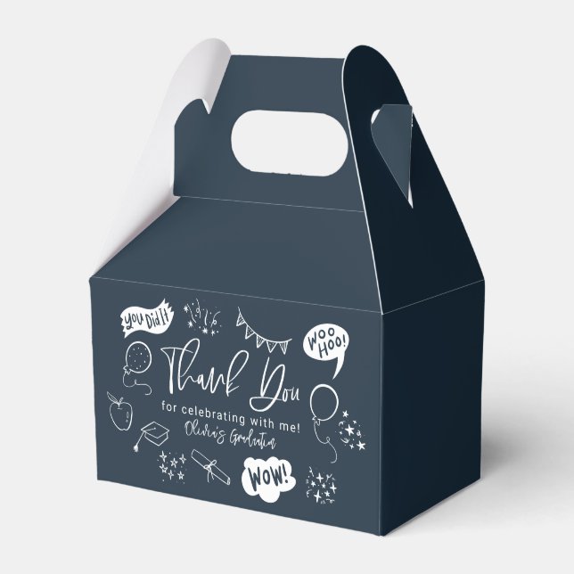 Funky Doodle Graduation Party Navy Blue Favor Boxes (Front Side)