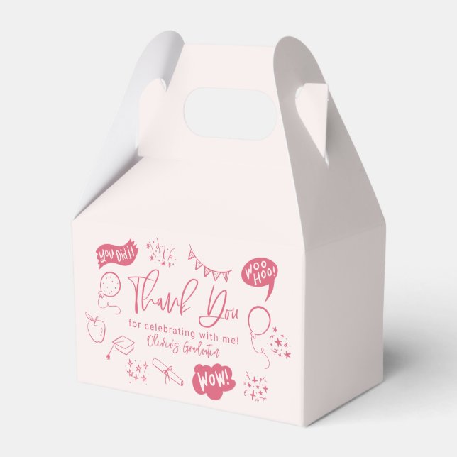 Funky Doodle Graduation Party Pink Favor Boxes (Front Side)