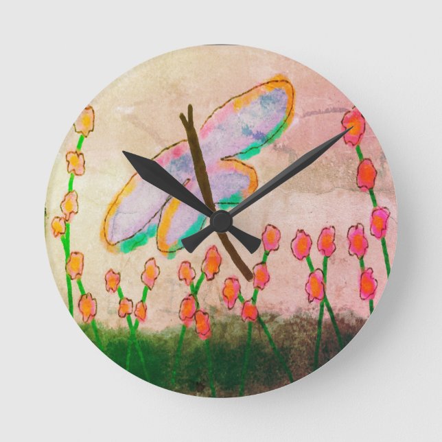 Funky Dragonfly Abstract Art Round Clock (Front)