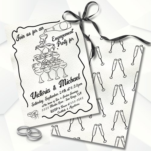 Funky Drawn Cheers Champagne Engagement Party Invitation