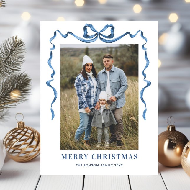Funky Dusty Blue Christmas Bow Ribbon 2 Photo Postcard (Creator Uploaded)