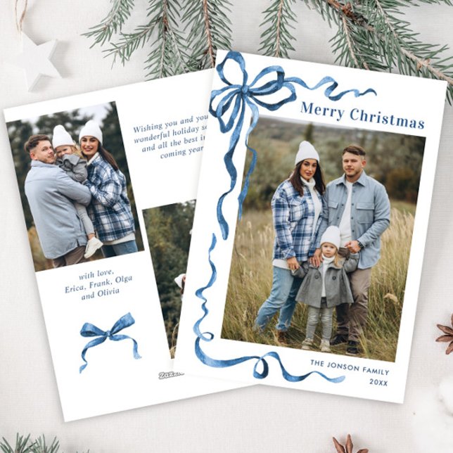 Funky Dusty Blue Christmas Bow Ribbon 3 Photo Holiday Card (Creator Uploaded)