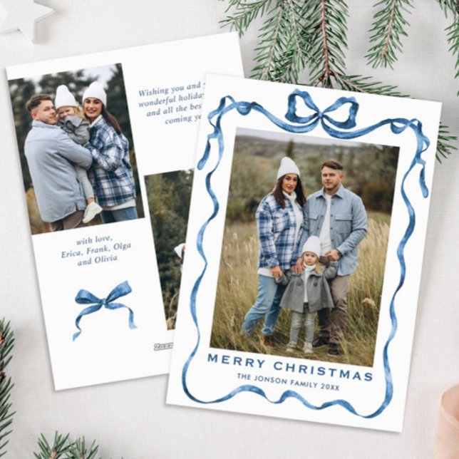 Funky Dusty Blue Christmas Bow Ribbon 3 Photo Holiday Card (Creator Uploaded)