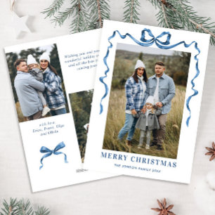 Funky Dusty Blue Christmas Bow Ribbon 3 Photo Holiday Card