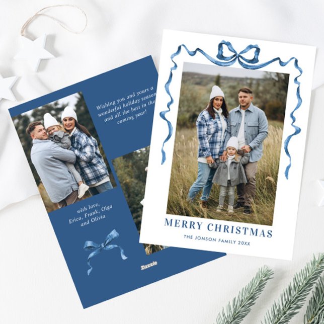Funky Dusty Blue Christmas Bow Ribbon 3 Photo Holiday Card (Creator Uploaded)