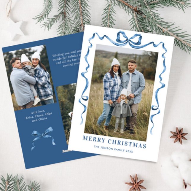 Funky Dusty Blue Christmas Bow Ribbon 3 Photo Holiday Card (Creator Uploaded)