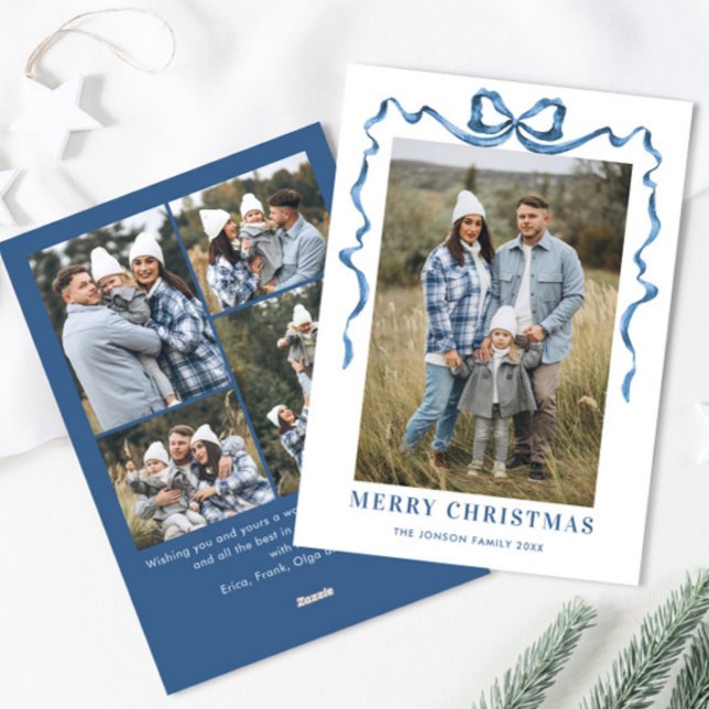 Funky Dusty Blue Christmas Bow Ribbon 5 Photo Holiday Card (Creator Uploaded)