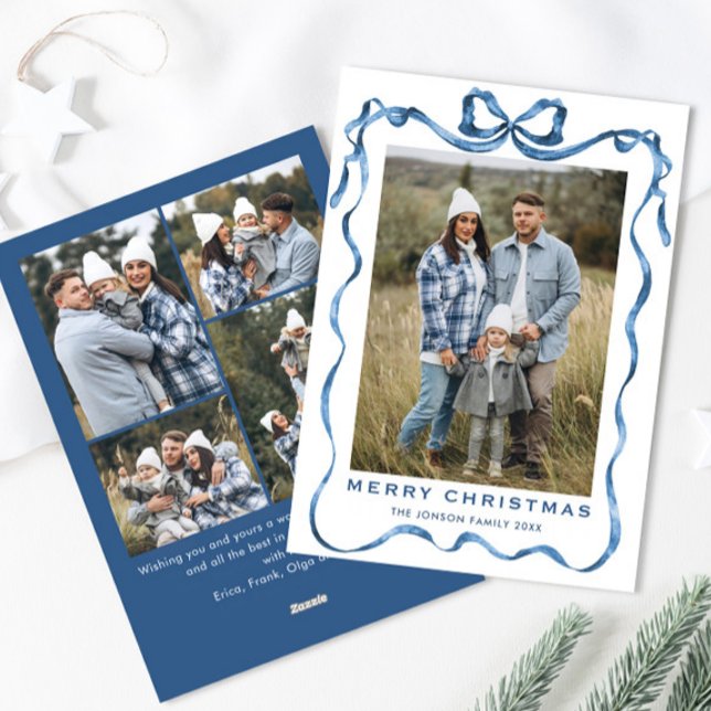 Funky Dusty Blue Christmas Bow Ribbon 5 Photo Holiday Card (Creator Uploaded)