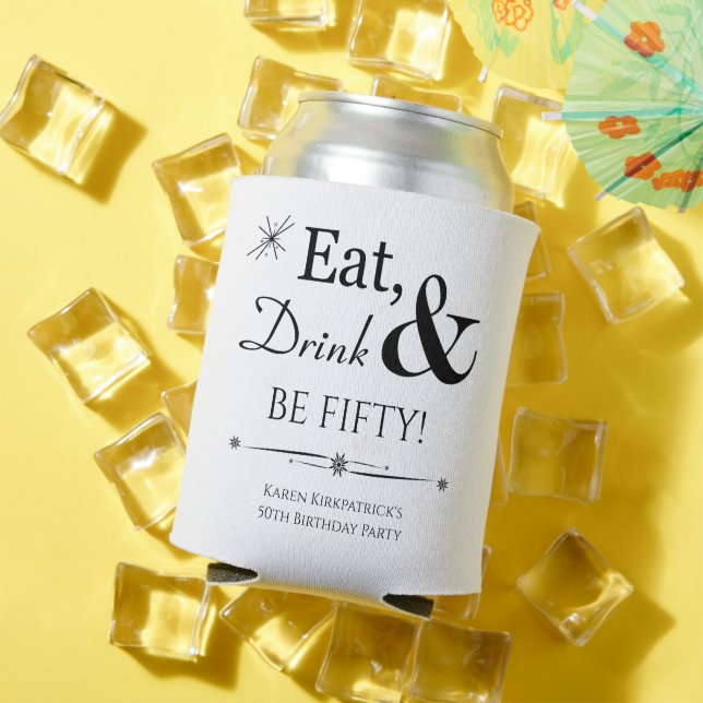 Funky Eat Drink and Be Fifty Retro 50th Birthday Can Cooler (In Situ Summer)