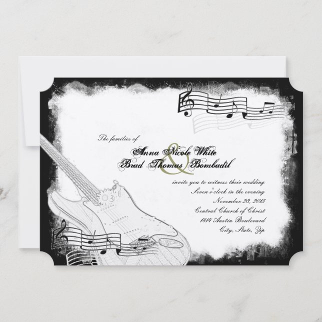 Funky Electric Guitar Black White Music Wedding Invitation (Front)