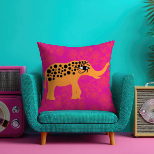 Funky Elephant with Horus Eye Fuchsia Throw Pillow