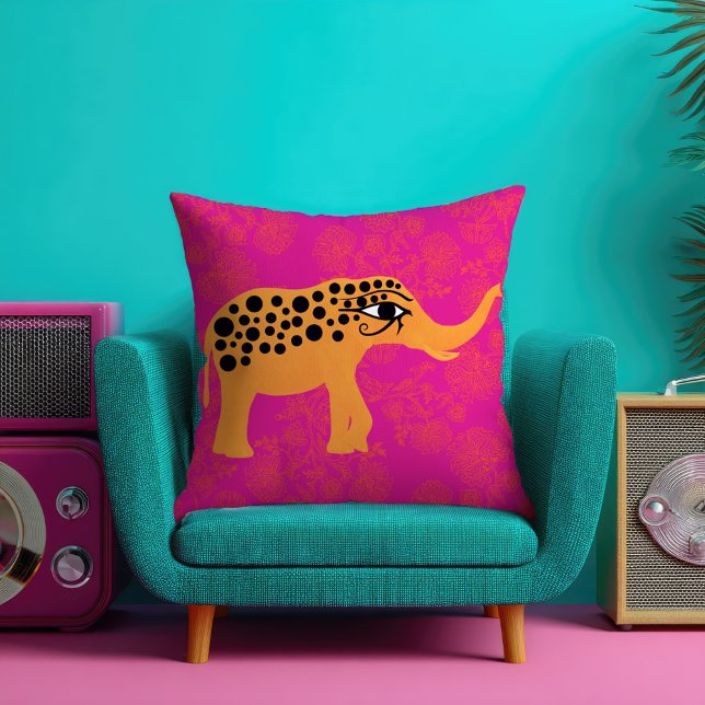 Funky Elephant with Horus Eye Fuchsia Throw Pillow (Creator Uploaded)