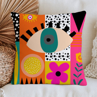 Funky Evil Eye Abstract Bohemian Bold Maximalist Throw Pillow