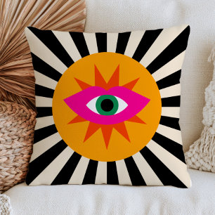 Funky Evil Eye Black Stripes Maximalist Dopamine Throw Pillow