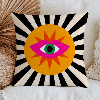 Funky Evil Eye Black Stripes Maximalist Dopamine Throw Pillow