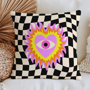 Funky Evil Eye Heart in Flames Retro Checkered  Throw Pillow