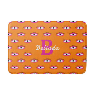 Funky Evil Eye Pattern Burnt Orange Monogram Name Bath Mat