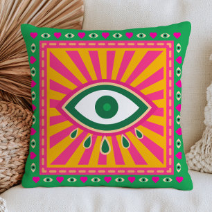 Funky Evil Eyes Retro Sunrays Green Maximalist Throw Pillow