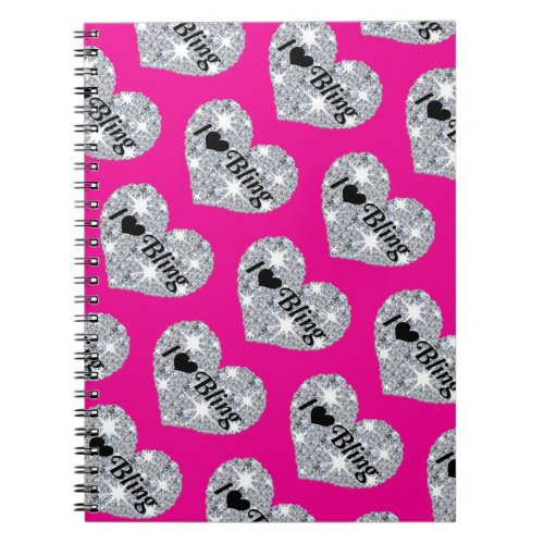 Funky faux diamond I love bling design on hot pink Notebook