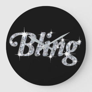 Funky faux silver effect bling text diamond image large clock