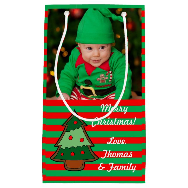 Funky Festive Tree and Stripes Custom Photo Small Gift Bag (Front)