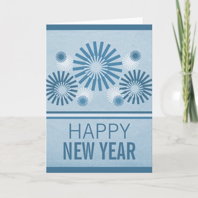 Funky Fireworks New Years Card, Blue Holiday Card (Front)