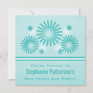 Funky Fireworks New Year's Eve Invite, Teal Invitation