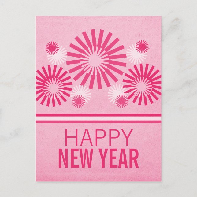 Funky Fireworks New Years Postcard, Pink Holiday Postcard (Front)