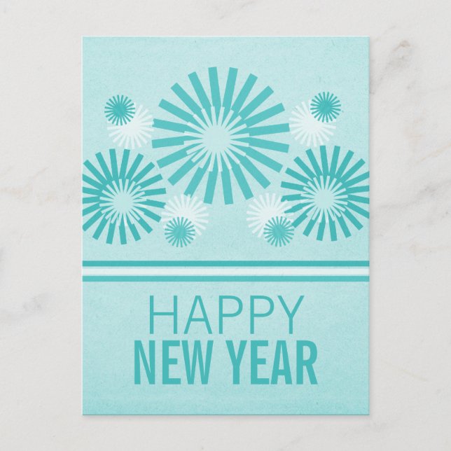 Funky Fireworks New Years Postcard, Teal Holiday Postcard (Front)