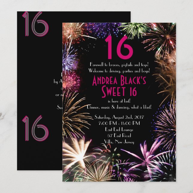 Funky Fireworks Sweet 16 Birthday Invitation (Front/Back)