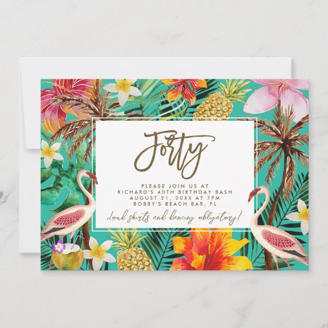 funky flamingo tropical 40th birthday invitation (Front)