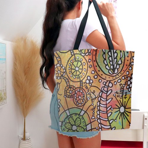 Funky Floral Circles Stripes Abstract Doodle Art Tote Bag
