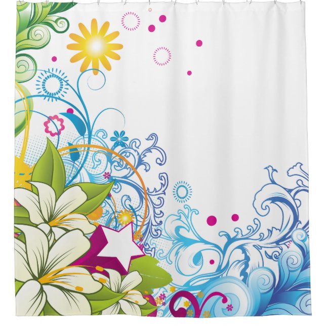 Funky Floral Garden with Lily Flowers and Star Shower Curtain (Front)