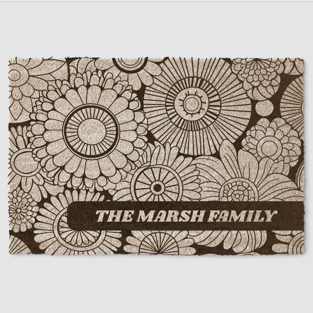 Funky Floral Pattern with Custom Family Name Fiber Doormat (Front)