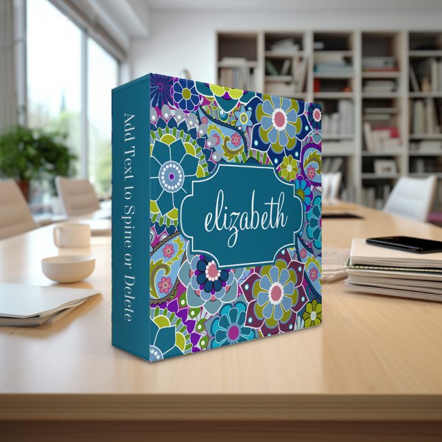 Funky Floral Pattern with Custom Name 3 Ring Binder (Personalized binder - add your monogram or other text)