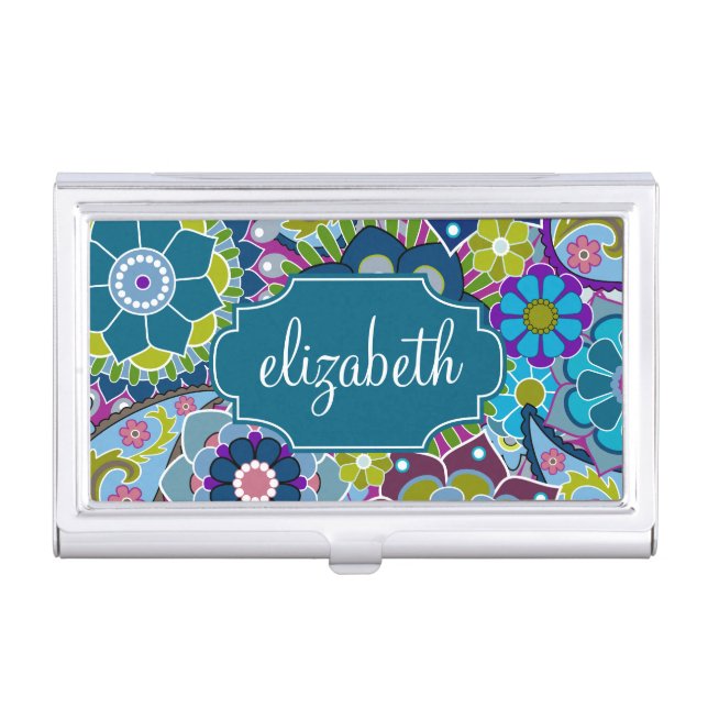 Funky Floral Pattern with Custom Name Business Card Holder (Front)