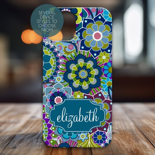 Funky Floral Pattern with Custom Name iPhone 15 Case
