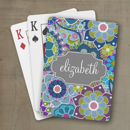 Funky Floral Pattern with Custom Name _ grey Playing Cards