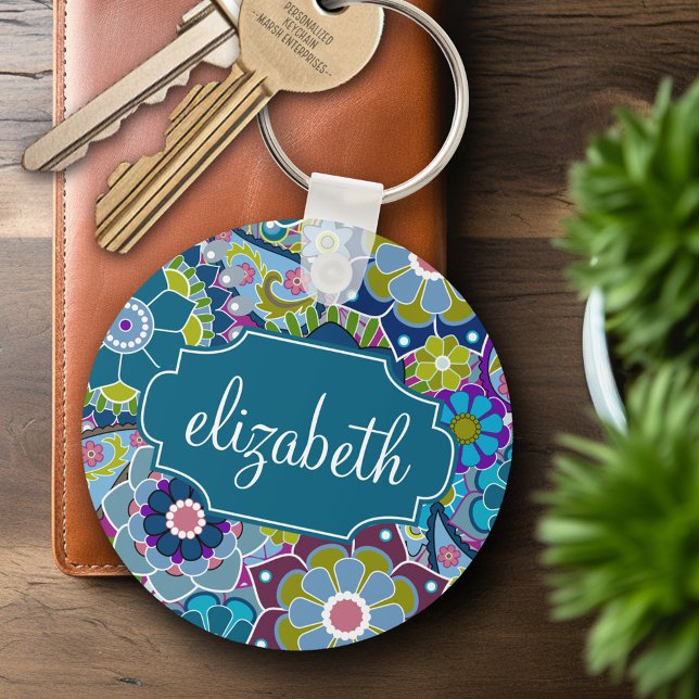Funky Floral Pattern with Custom Name Keychain (Personalized Keychain - Add Name or Monogram)