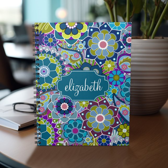 Funky Floral Pattern with Custom Name Notebook (Personalized notebook - add your name or other text)