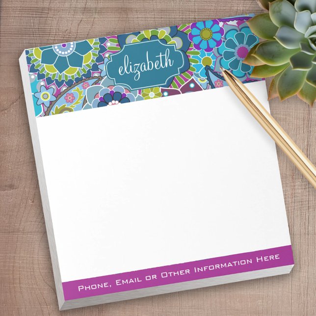 Funky Floral Pattern with Custom Name Notepad (Personalized notepad - great for a gift or your home office)