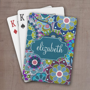Funky Floral Pattern with Custom Name Playing Cards