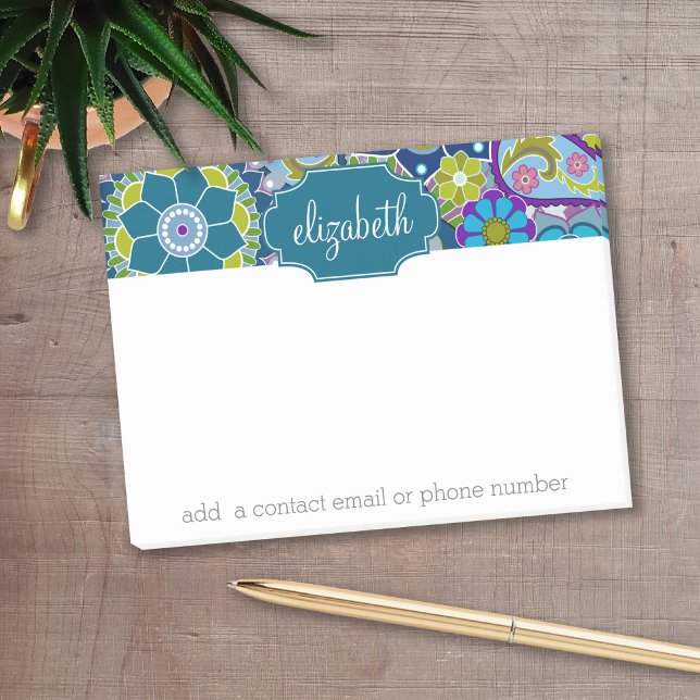 Funky Floral Pattern with Custom Name Post-it Notes (Personalized post it notes with low quantity. Add your personal touch.)