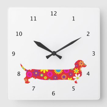 Funky Floral Retro Dachshund Dog Funny Cartoon Square Wall Clock by roughcollie at Zazzle
